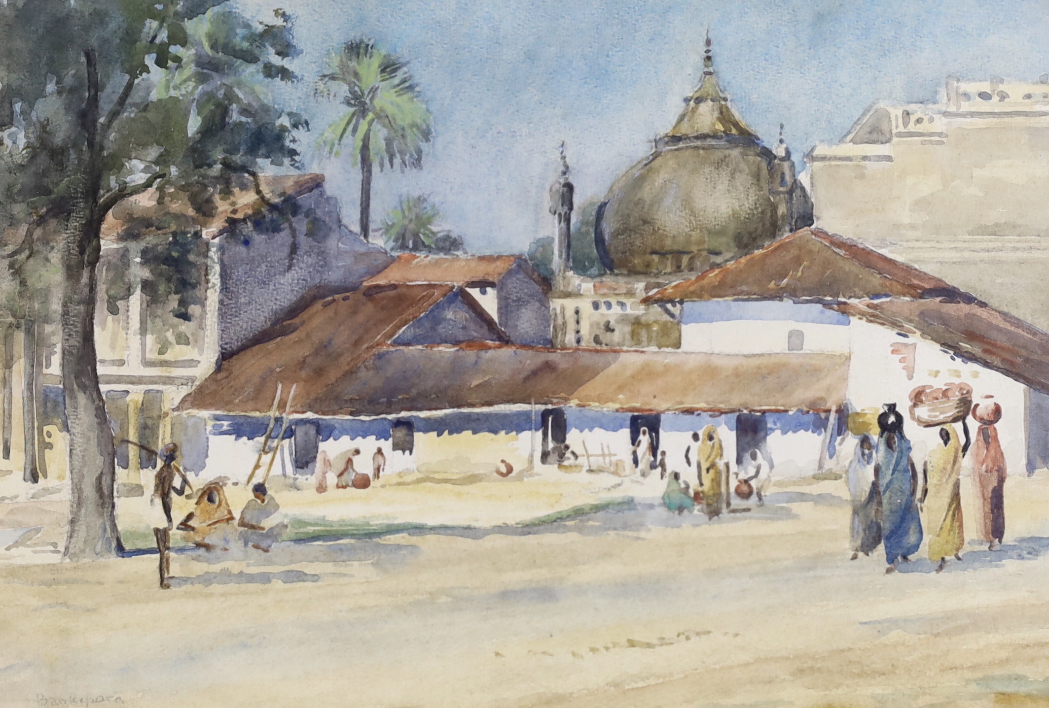 E.N. Whitty, watercolour, figures before buildings Bankapora, India, signed and inscribed, 39 x 27cm